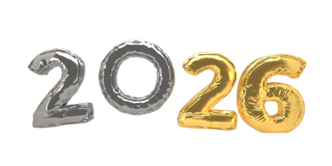 Mixed Silver and Gold Metallic Balloon "2026" — Reflective Chrome "20" and Gold "26" Foil Numerals on White Background for New Year Celebrations, Party Decor, Promotional Graphics, Corporate Events an