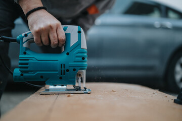 A close-up of a person operating a blue jigsaw to cut wood on a workbench. Sparks and dust suggest...