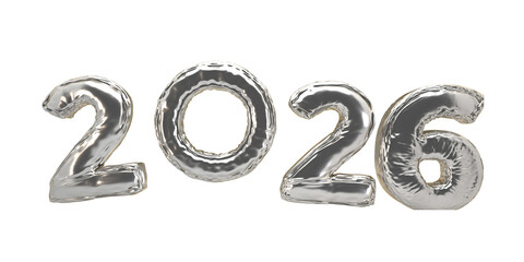 Reflective Silver "2026" Metallic Balloon Numbers — Shiny Chrome 3D Numerals on White Background for New Year Celebrations, Event Branding, Promotional Graphics, Party Decor and Holiday Marketing