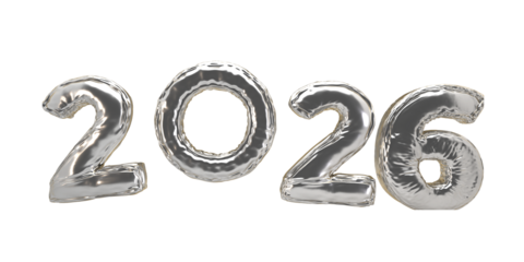 Reflective Silver "2026" Metallic Balloon Numbers — Shiny Chrome 3D Numerals on White Background for New Year Celebrations, Event Branding, Promotional Graphics, Party Decor and Holiday Marketing