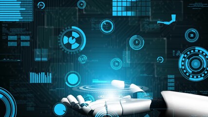 Futuristic robotic hand interacting with digital holograms and data visualizations in a high-tech environment showcasing artificial intelligence and technology advancements xenic. - Powered by Adobe