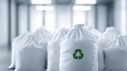 Recycling bags in a bright place: A view of clean, reusable recycling bags with the recycling symbol proudly displayed, ready for waste collection.