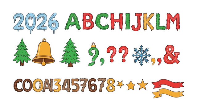 Festive Font Elements for Celebration: A collection of vibrant letters, numbers, and symbols, perfect for adding a touch of holiday cheer and crafting captivating designs.