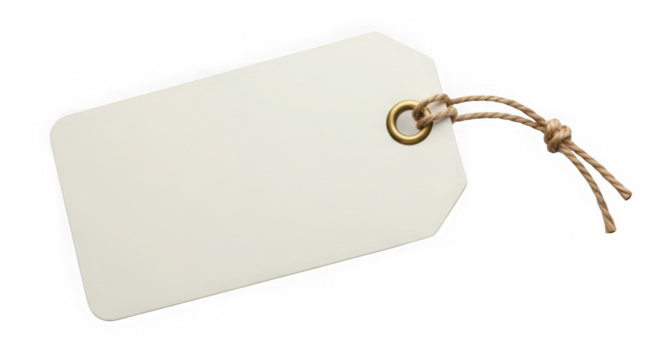Blank white tag with string and brass eyelet, copy space
