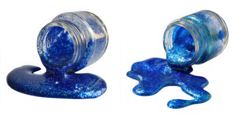 Two abstract blue glass artistic sculptures resembling mythical creatures isolated on transparent background