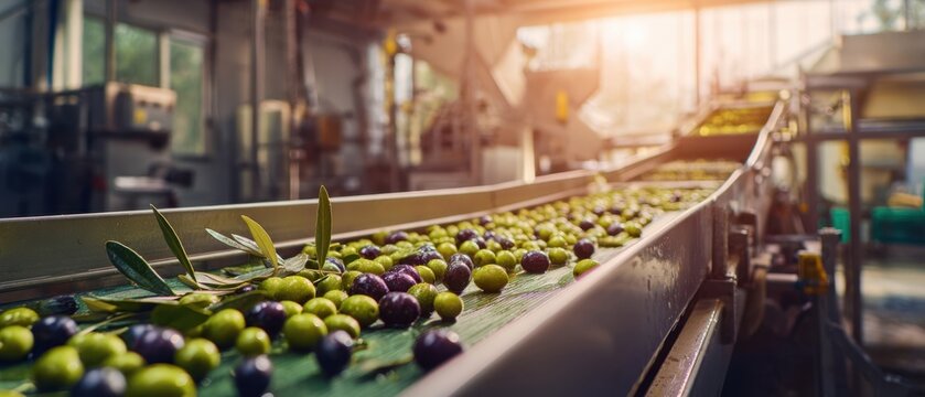 The Olives on a Conveyor in an Olive Processing Factory - Powered by Adobe
