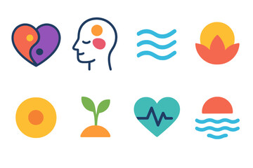 Minimalist Emotional Icons. Emotional Balance modern flat vector icons: yin-yang heart, peaceful mind, breathing waves, mindfulness symbol, centered circle, growth plant, steady
