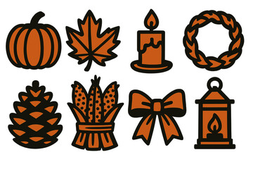 Fototapeta premium Bold Autumn Icons. Autumn Decorations silhouette set: pumpkin, maple leaf, candle, wreath, pinecone, corn bundle, ribbon bow, cozy lantern