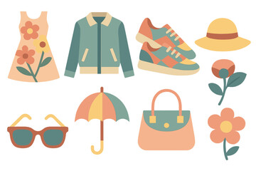 Fototapeta premium Geometric Spring Fashion Icons. Spring Outfits in geometric flat style: floral dress, light jacket, sneakers, sun hat, sunglasses, umbrella, pastel bag, flower brooch