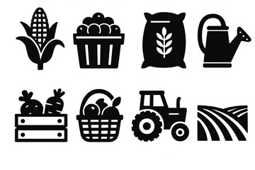 Brutalist Farm Icons. Farm Fresh silhouette set: corn stalk, berry basket, grain sack, watering can, vegetable crate, basket of fruits, tractor, field rows