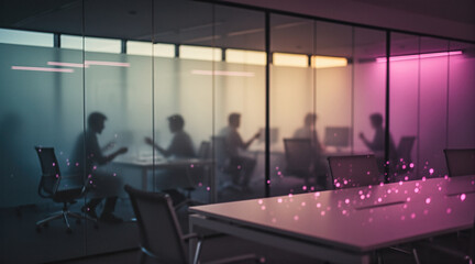 A blurred photo of a modern office meeting room with silhouettes of people sitting around a conference table, illuminated by pink and purple ambient lighting through glass partitions.