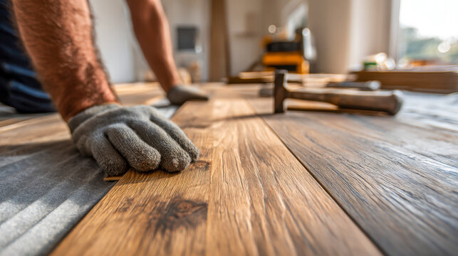 Skilled craftsman wearing protective gloves installing wooden floor panels with precision and tools in a sunlit indoor renovation setting