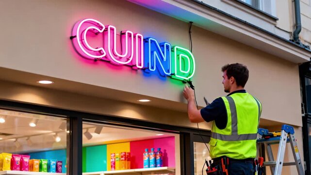 Closeup medium shot of a technician mounting a vibrant neon sign above a store entrance emphasizing colorful retail display setup.