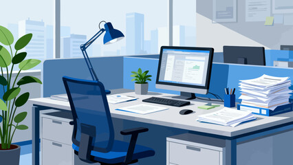 This modern, colorful illustration depicts an organized office workspace: a desk holds a computer, printer, and stationery, paired with an office chair, while a cabinet, professional interior.