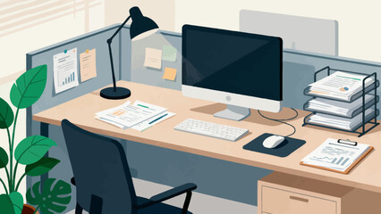 This modern, colorful illustration depicts an organized office workspace: a desk holds a computer, printer, and stationery, paired with an office chair, while a cabinet, professional interior.