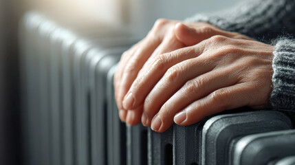 Person warming hands on a home radiator while wearing a cozy gray sweater, capturing the feeling of cold weather and indoor comfort during winter months