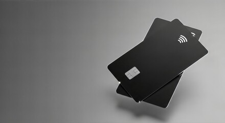 Stack of sleek black credit cards with contactless payment symbol, positioned on a smooth gray surface, showcasing modern financial technology and convenience in transactions
