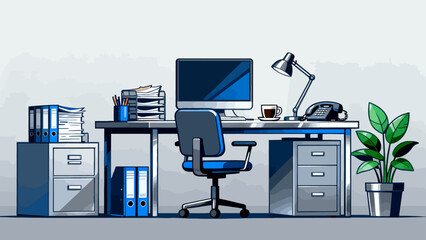 This modern, colorful illustration depicts an organized office workspace: a desk holds a computer, printer, and stationery, paired with an office chair, while a cabinet, professional interior.