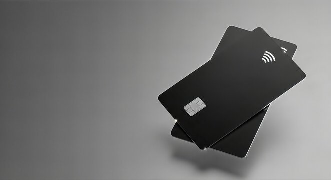 Stack of sleek black credit cards with contactless payment symbol, positioned on a smooth gray surface, showcasing modern financial technology and convenience in transactions