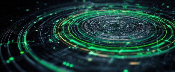 The Circular Interface of Futuristic Digital Data Rings and Neon Green Technology Halo
