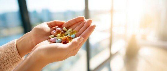 The hands holding colorful vitamin capsules and softgel supplements bathed in warm sunlight