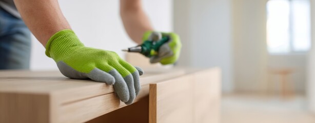 The Cabinet Being Assembled by Gloved Hands with a Screwdriver in Bright Interior