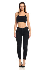 Fototapeta premium Studio shot of a natural woman with long dark hair wearing a black top, black pants and high heels, full body, on a white background