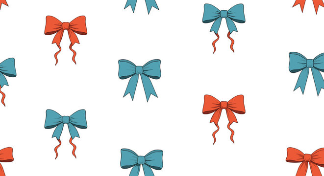 Seamless pattern featuring a charming array of red and blue bows with varying ribbon styles on a white background.