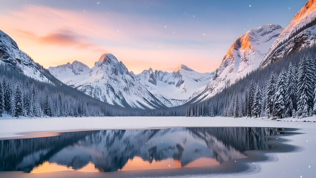 Frozen lake reflection of snowy mountains in winter wonderland peaceful landscape