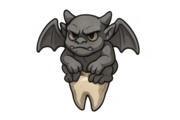 Grumpy gargoyle monster holding a human tooth