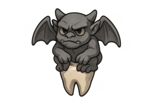 Grumpy gargoyle monster holding a human tooth