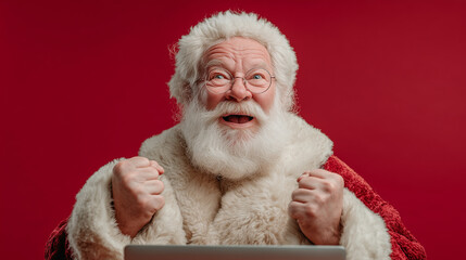 Święty Mikołaj w okularach, w geście triumfu i radości, z uniesionymi pięściami i otwartymi ustami. Siedzi przed laptopem na czerwonym tle.