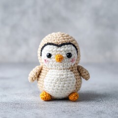 Knitted penguin. Handicraft. A miniature, funny penguin crocheted from yarn is a cute and kind gift.