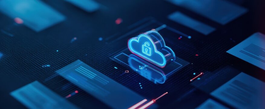 The Cloud Security Icon Surrounded by Digital Data Blocks and Network Connections