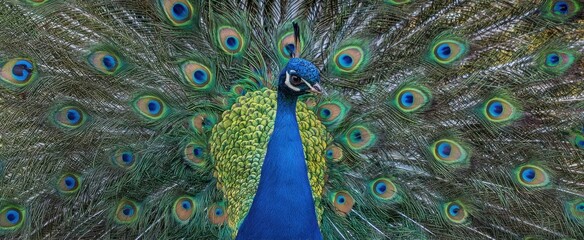Obraz premium The Peacock Displays Its Vibrant Iridescent Plumage in a Majestic Fan of Feathers