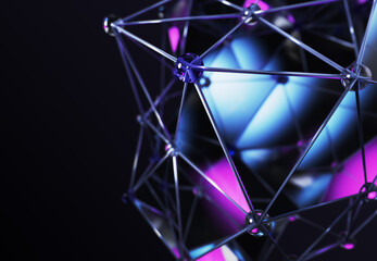 3d sphere dot line wireframe background. Polygonal mesh of metal, clear diamonds and glass triangle shapes with blur purple blue neon gradient. Abstract futuristic geometric black bg. 3D illustration © marozhkastudio