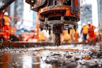 Close-up of a drilling machine at a construction site with workers in safety gear in the background