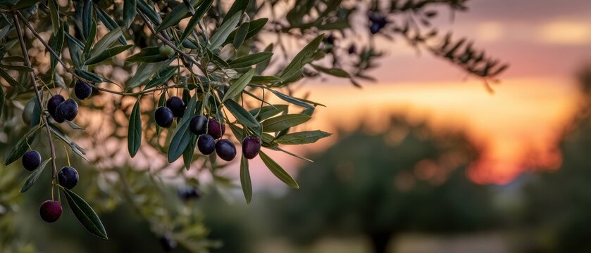 The Olive Branch with Ripe Olives at Sunset Over a Mediterranean Grove - Powered by Adobe