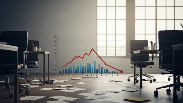Office Chaos - Financial Graph and Scattered Documents.