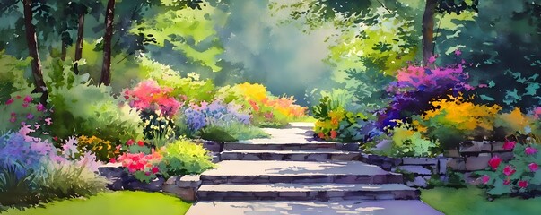 flower garden with stone steps colorful background