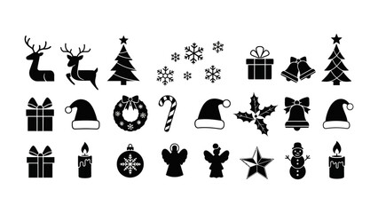 Obraz premium Festive Silhouette: A collection of festive silhouettes, including a reindeer, a christmas tree, snowflake, a present, a bell, santa hat and other christmas theme elements.