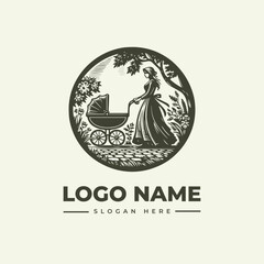 Elegant vector engraving logo illustration featuring a mother with a stroller, perfect for branding