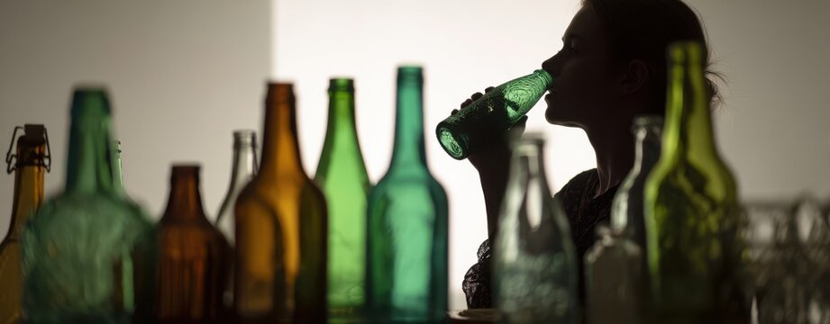 The Bottles Framing a Silhouetted Woman Drinking From a Green Glass Bottle