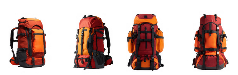 Four colorful totem pole carvings with intricate details isolated on transparent background