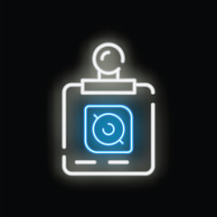 Neon icon of a clipboard showing a document with a forbidden symbol, representing restricted access or prohibited content