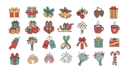 Festive Assortment: A collection of meticulously crafted festive gift boxes, bells, and decorative elements create a vibrant ambiance.