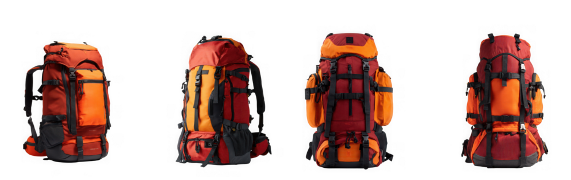 Four colorful totem pole carvings with intricate details isolated on transparent background