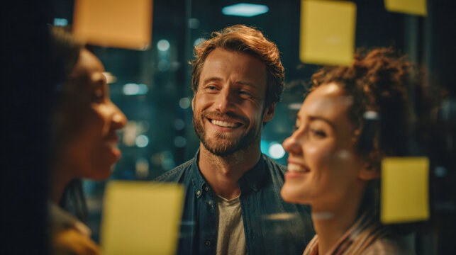 A group of diverse young professionals smiling and collaborating during a brainstorming session with sticky notes on glass wall in a modern office at night