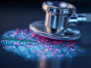 Medical stethoscope resting on a vibrant digital fingerprint pattern symbolizing healthcare technology and biometric security in modern diagnostics and treatment
