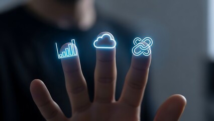 Hand with digital network icons: data, cloud, connection. 